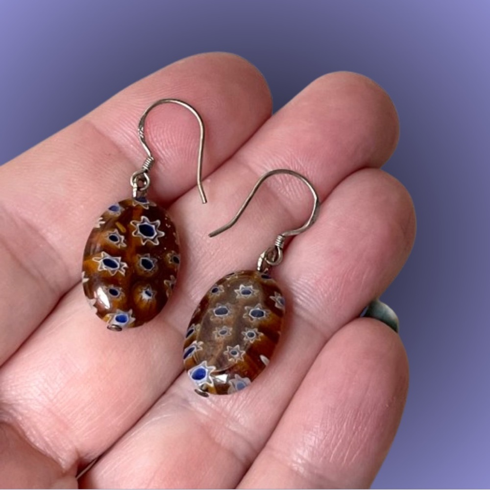 Vintage stamped 925 sterling silver & Murano-style millefiori dangle earrings